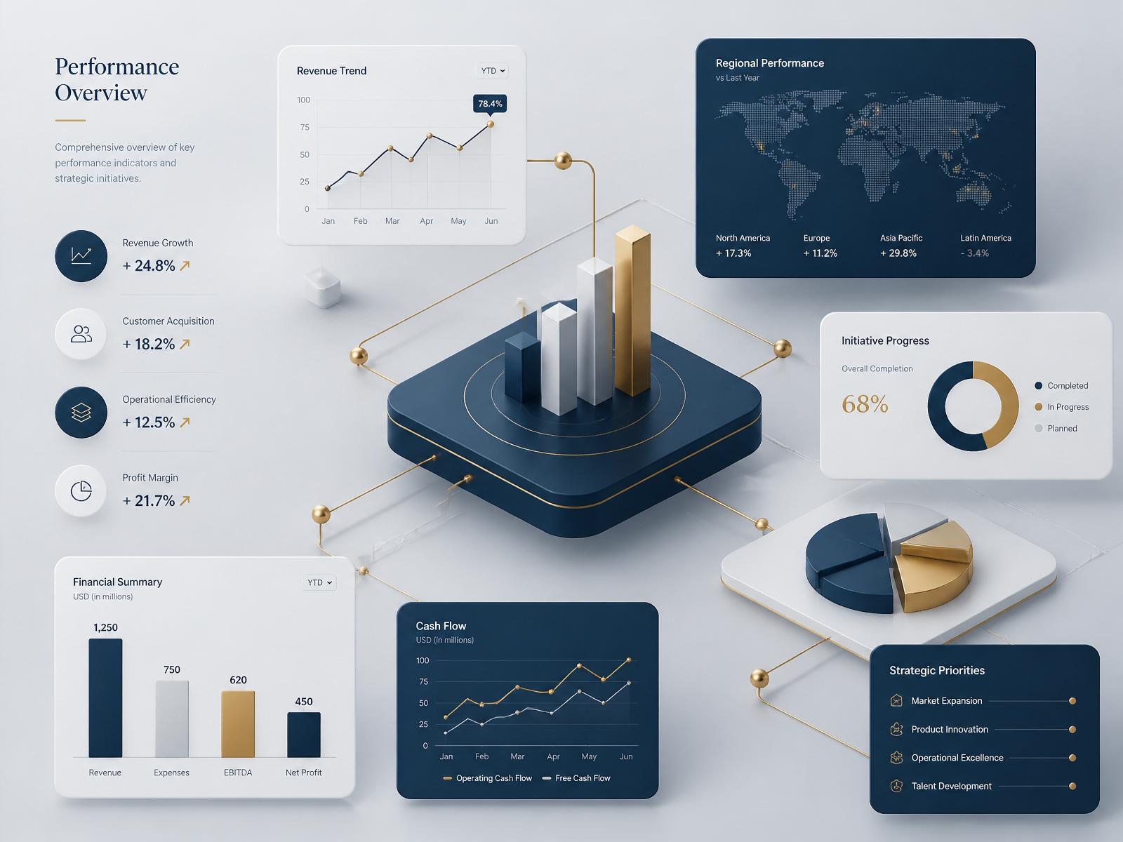 Abstract business performance dashboards showing revenue, operational efficiency and profitability insights